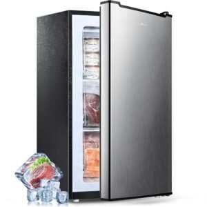 Compact Mini Upright Freezer 3 Cu.Ft with 3 Pull-down Drawer Doors and Adjustable Thermostat, Single Door Small Deep Standing Freezer Rapid Cooling for Home, Office, Dorm,...